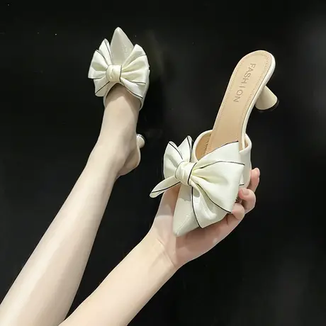 永希女鞋包头高跟拖鞋女外穿2024新款夏季仙女风蝴蝶结细跟凉拖鞋商品大图