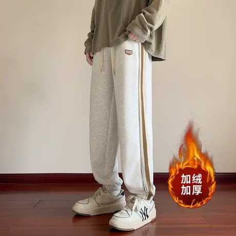 秋冬季青少年棉质加绒卫裤男孩帅气复古织带加厚休闲裤保暖运动裤商品大图