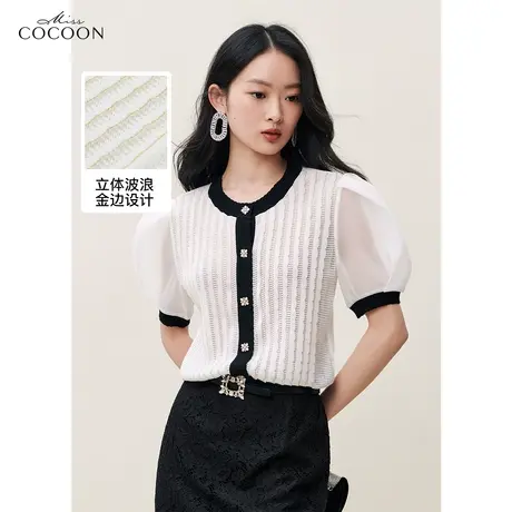 miss COCOON撞色短袖针织开衫上衣女2023夏装新款泡泡袖短款毛衫商品大图