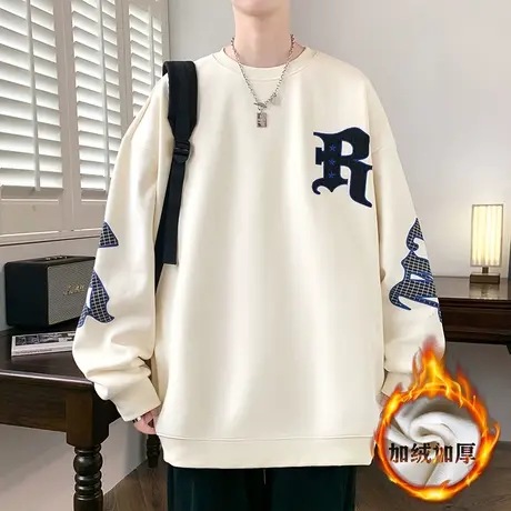 秋冬装男孩保暖刺绣加绒卫衣帅气大童加厚圆领长袖T恤港风打底衫商品大图