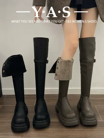 两穿厚底长筒靴女2023秋冬新款网红粗跟加绒粗腿围长靴骑士过膝靴图片