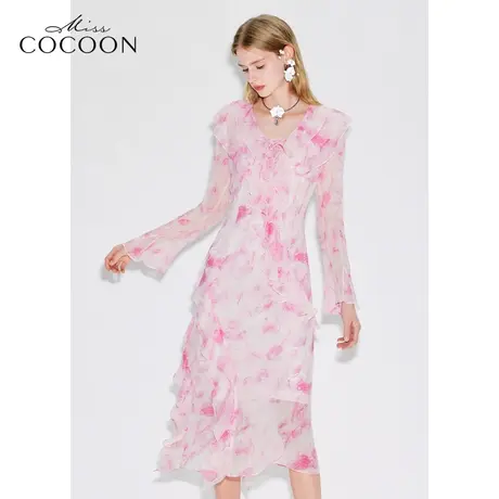 MISSCOCOON【繁花之境】24春新款浪漫度假荷叶边碎花喇叭袖连衣裙图片