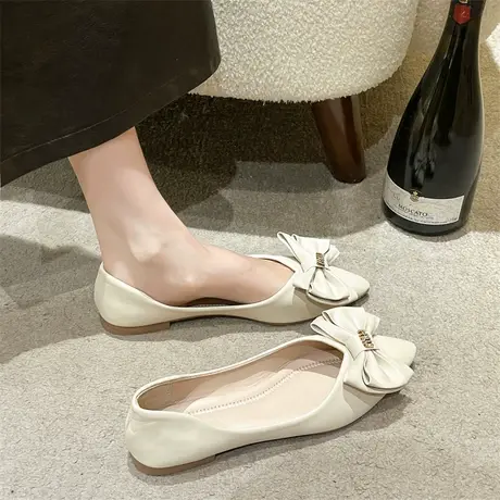 平底单鞋女浅口2023新款温柔女士豆豆鞋复古ins尖头蝴蝶结奶奶鞋商品大图