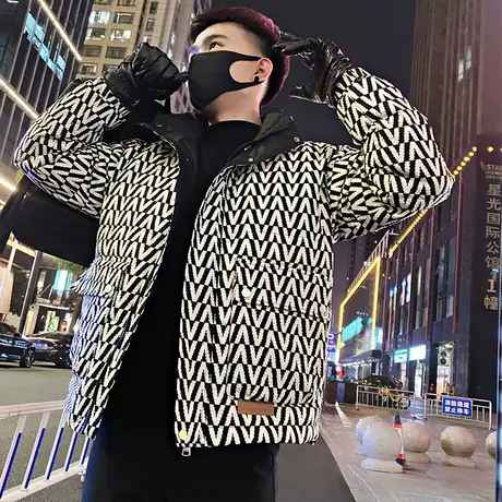 设计感花色棉衣男冬季2023新款时尚高街潮流满印字母棉服冬装外套图片