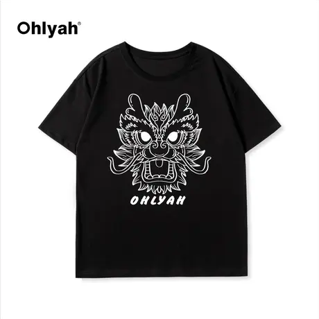 Ohlyah春夏新款国潮小龙图案印花圆领印花短袖T恤女纯棉内搭上衣商品大图