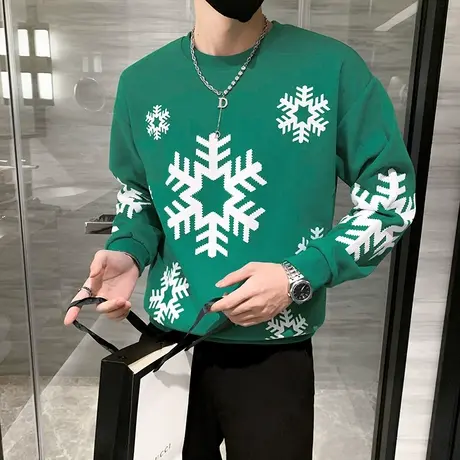 秋季男士学生雪花卫衣外套上衣修身长袖套头潮牌嘻哈潮流印花体恤商品大图