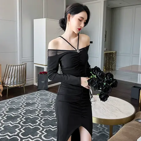 生日宴会礼服轻奢小洋装法式显瘦露锁骨性感一字肩挂脖气质连衣裙商品大图