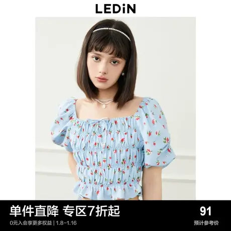 乐町浪漫方领上衣夏季女装碎花法式温柔收腰短款雪纺衫图片