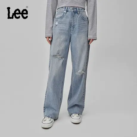 Lee商场同款24早春新品428舒适高腰直脚浅蓝色破洞女牛仔裤潮流图片