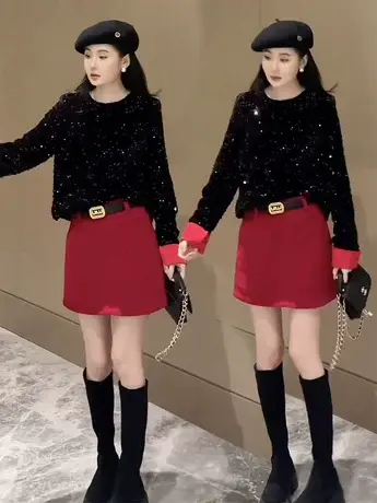 高级感重工亮片黑色打底衫女春季新款独特上衣超好看撞色长袖T恤商品大图