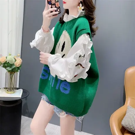 欧货大版字母笑脸针织马甲背心女春季2024新款学院风无袖坎肩上衣商品大图