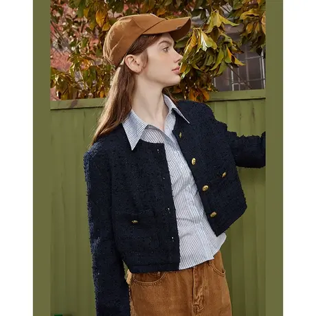 a022024春季新款圆领正肩小香风短款长袖上衣小个子通勤女式外套图片