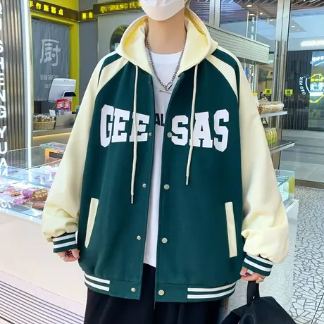连帽棒球服男款春秋季字母印花运动夹克男潮牌青少年撞色拼接外套商品大图