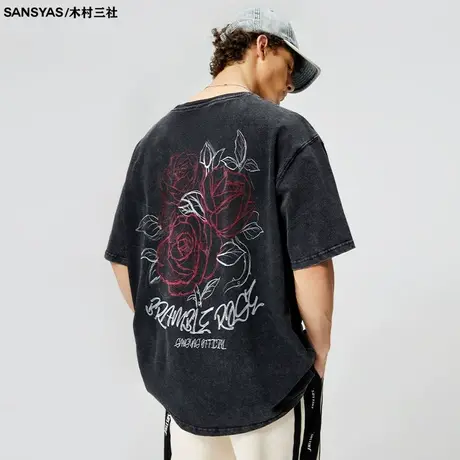 木村三社SANSYAS水洗玫瑰宽松美式短袖流行印花圆领休闲男t恤潮流图片