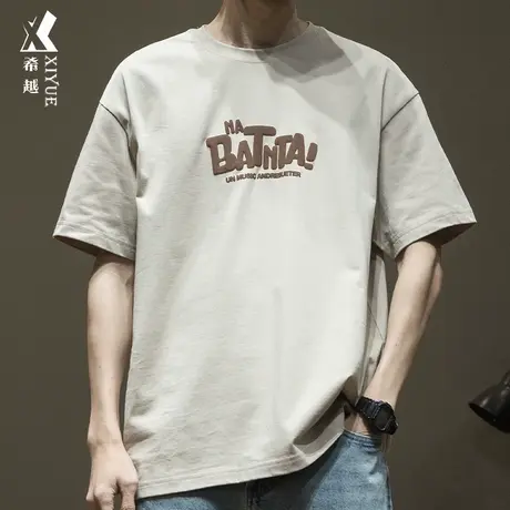 美式发泡印花短袖T恤男2024春季潮牌宽松大码男士三本针半袖上衣商品大图