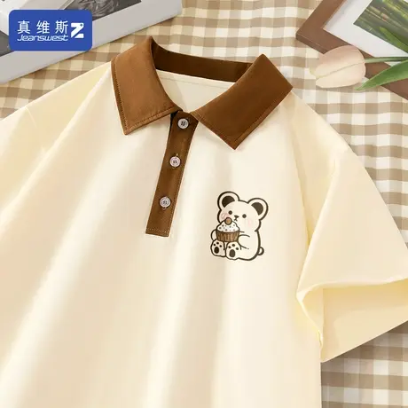 真维斯Z+polo领短袖女2024夏季新款宽松运动t恤纯棉拼接正肩体恤H图片