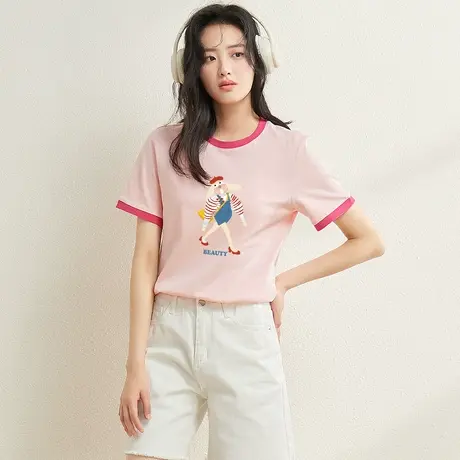 真维斯Z+女装 撞色圆领趣味百搭显瘦短袖T恤印花上衣X图片