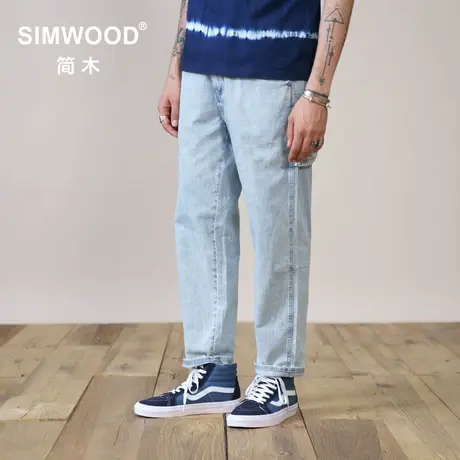 Simwood简木男装【LS06宽松直筒】新款无弹水洗抽绳牛仔九分裤男图片