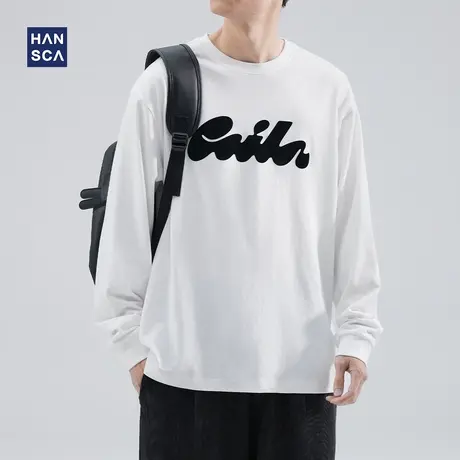hansca 春季卫衣男潮牌圆领白色印花长袖t恤青少年宽松内搭打底衫商品大图