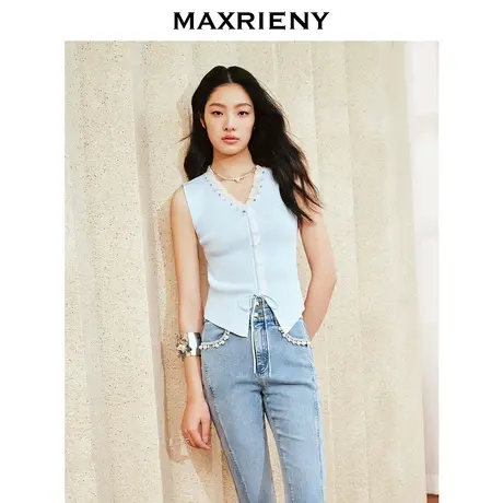 MAXRIENY浪漫优雅针织背心24春款抽褶小众设计感修身显瘦v领上衣商品大图