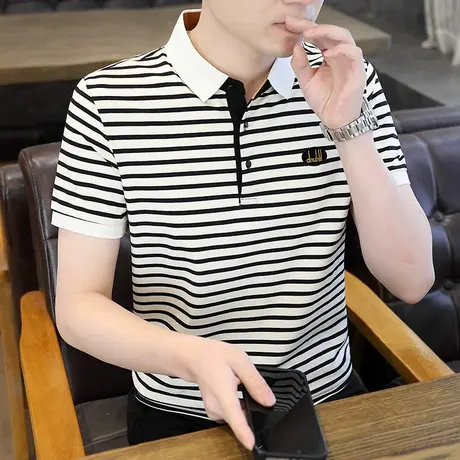 翻领短袖t恤夏季男士修身休闲潮流帅气条纹半袖polo衫体恤上衣服商品大图