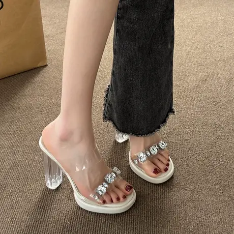 水晶拖鞋女夏外穿时尚仙女法式透明高跟鞋粗跟凉鞋小众高级感凉拖商品大图