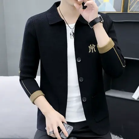 男士翻领夹克针织衫秋季潮牌韩版外穿毛衣开衫外套百搭帅气男装潮商品大图