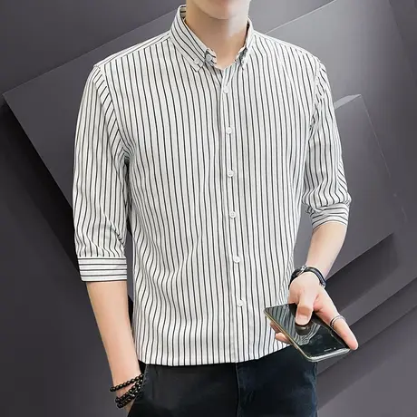 短袖中袖七分袖衬衫男上衣夏季青年五分袖条纹衬衣潮流韩版男装图片