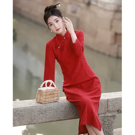 红色旗袍2023年新款高端气质敬酒服长款秋季长袖日常可穿连衣裙女商品大图