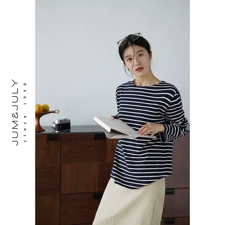 嘉茱莉2023秋季新款全棉圆领条纹长袖卫衣女套头宽松oversize上衣商品大图