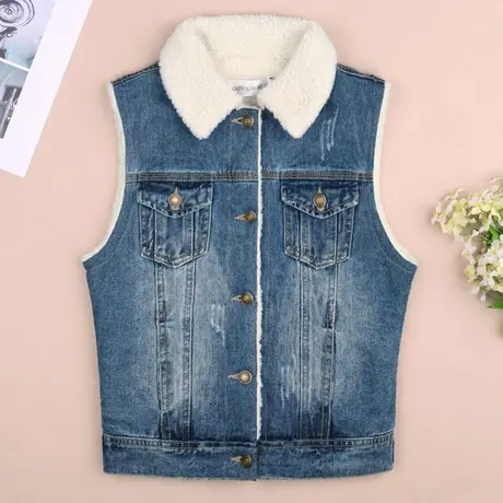 秋冬新款韩版加绒羊羔毛牛仔马甲女加厚马夹背心无袖外套大码商品大图