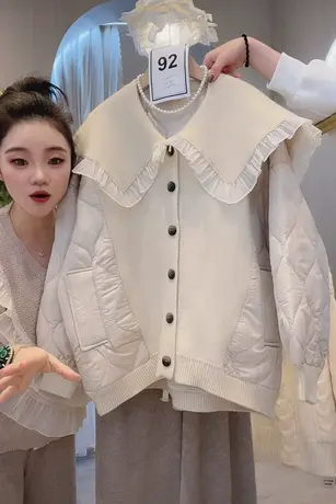 抖音爆款欧洲站保暖加厚棉服减龄娃娃领大码针织拼接毛衣棉衣外套商品大图