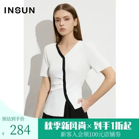 恩裳COVER2023夏季新款凉感冰丝摩登时尚不对称撞色褶皱设计上衣图片