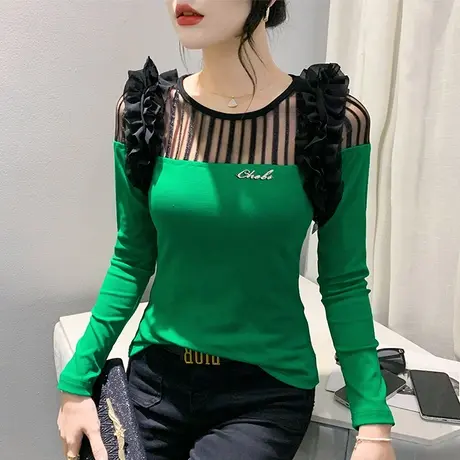 秋季网纱拼接撞色上衣设计感木耳边T恤女长袖洋气修身减龄打底衫图片