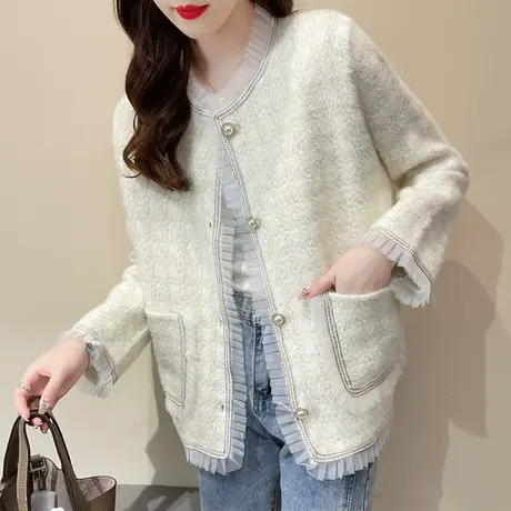 针织开衫女秋装2023新款宽松水貂绒小香风外套外搭千鸟格女士洋气图片