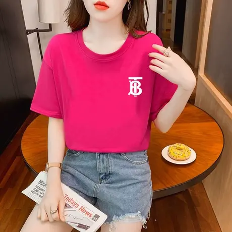 火龙果色纯棉t恤女2023新款夏季短袖别致宽松体恤设计感上衣ins潮商品大图