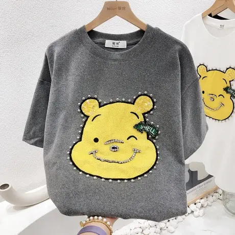 2022早春新款韩国东大门ins重工水钻钉珠秋冬磨毛加厚T恤欧货大码图片