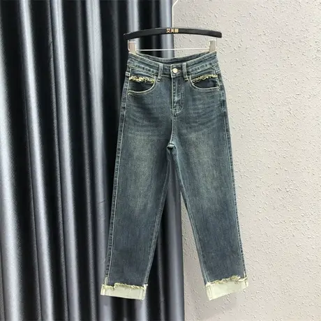 2023秋季新款高腰牛仔直筒裤潮女修身显瘦时尚裤脚毛边九分烟管裤图片