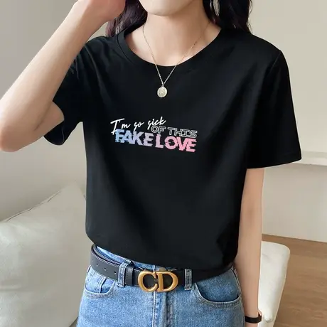 黑色女士短袖t恤女夏季宽松字母印花韩系半袖大码体恤纯棉上衣潮商品大图