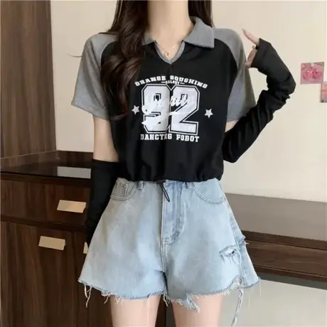 2023年新款春秋美式复古polo领设计感小众短袖t恤黑色上衣女夏季图片