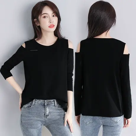 黑色破洞露肩上衣女性感长袖简约大码打底衫春季气质宽松显瘦t恤图片