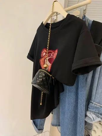复古小熊印花磨毛T恤女显瘦韩版潮ins别致时尚减龄打底衫短袖上衣商品大图