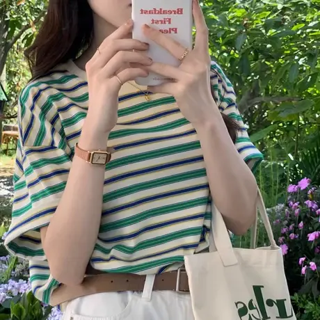夏季流行新款绿色条纹T恤女短袖宽松别致拼色正肩小个子学生上衣商品大图
