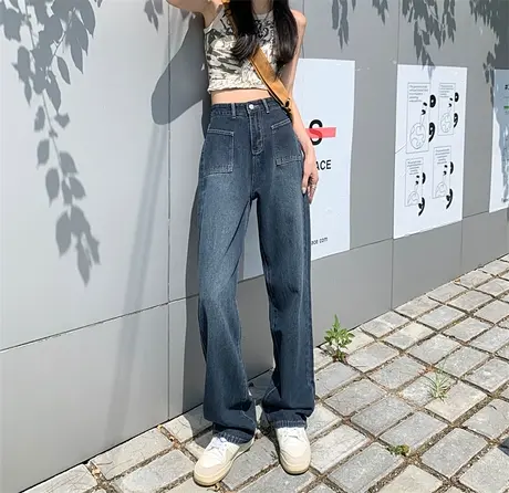 复古牛仔裤女春季2023年新款高腰宽松显瘦小个子阔腿直筒拖地裤子商品大图