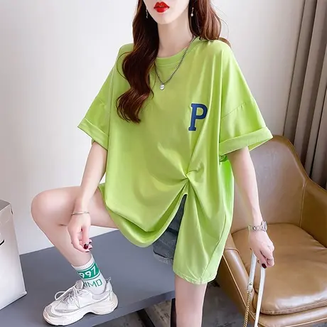 短袖t恤女夏季韩版宽松大码女装中长款不规则开叉下衣失踪上衣服图片