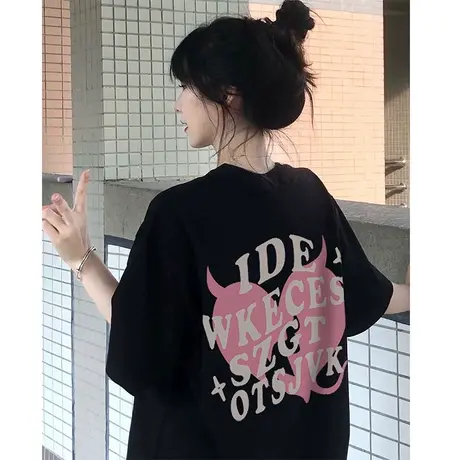 纯棉小个子短袖t恤女ins夏季潮牌小众设计感美式复古宽松半袖上衣商品大图