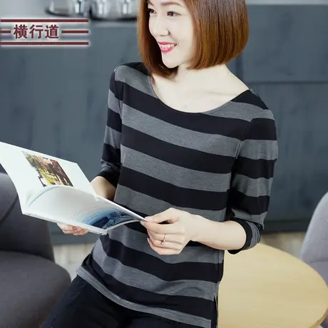 2023秋装条纹七分袖圆领打底衫大码胖MM中年妈妈中袖t恤女装上衣商品大图