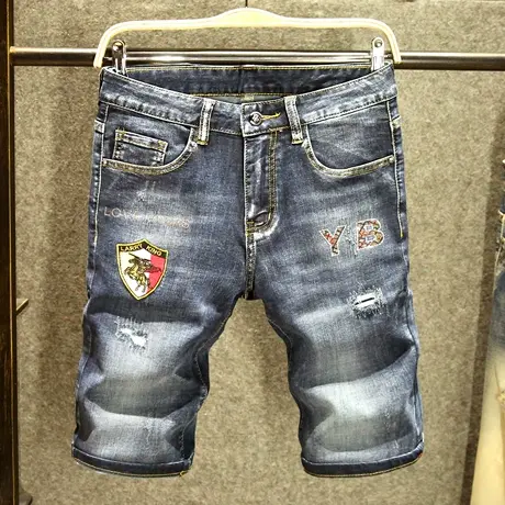 夏季薄款破洞牛仔短裤男潮牌水洗磨白中裤高端烫钻骑士勋章五分裤商品大图