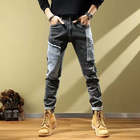 欧美高街潮牌破洞牛仔裤男美式街头混色拼接水洗做旧休闲长裤子潮商品大图