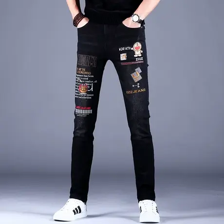 秋款新款男士刺绣牛仔裤男款秋冬潮牌修身小脚裤子男潮流高端韩版商品大图